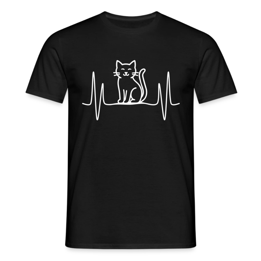 Ein Katze-Herzschlag-Motiv auf einem schwarzen T-Shirt.